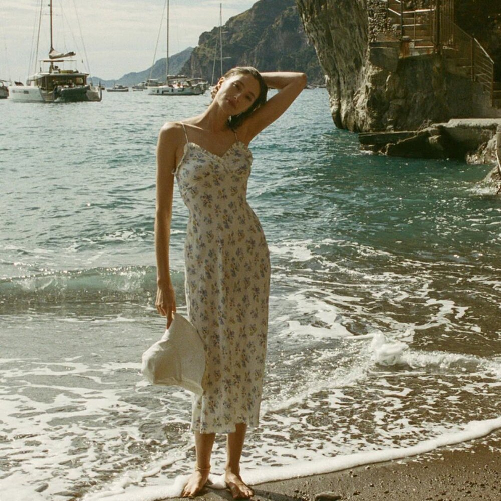 NWOT Doen Sandia Dress in Bleu Frolicking Floral White Blue Sleeveless Midi